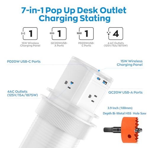 Pop Up Countertop Outlet with 15W Wireless Charger,Pop up Outlet,Max 20W USB Power Delivery,Free 3.94"（100mm） Hole Opener,Pop Up Electrical Outlet with 4 Outlets 15A, 2 USB Ports for Home Office.