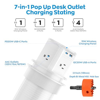 Pop Up Countertop Outlet with 15W Wireless Charger,Pop up Outlet,Max 20W USB Power Delivery,Free 3.94"（100mm） Hole Opener,Pop Up Electrical Outlet with 4 Outlets 15A, 2 USB Ports for Home Office.