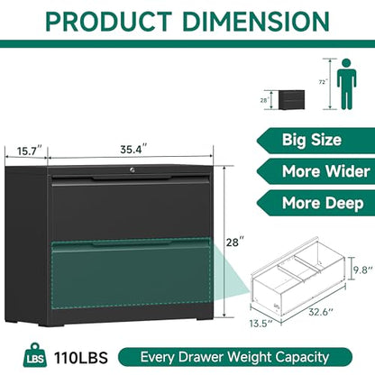 2 Drawer File Cabinet with Lock,Lateral File Cabinet,35.4" W Metal File Cabinets for Home Office,Hanging Files Letter/Legal/F4/A4 Size (Black-Assembly Required) - color: Black, size: 2 Drawer-Lateral-36"W