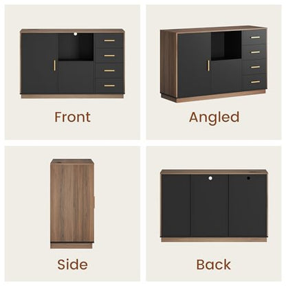 47.2" File Cabinet with 5 Drawer & Door, Charging Station | Office Storage Cabinet with Adjustable Shelves, Fits A4/Letter Size, Printer Stand with Storage for Home Office, Black Walnut