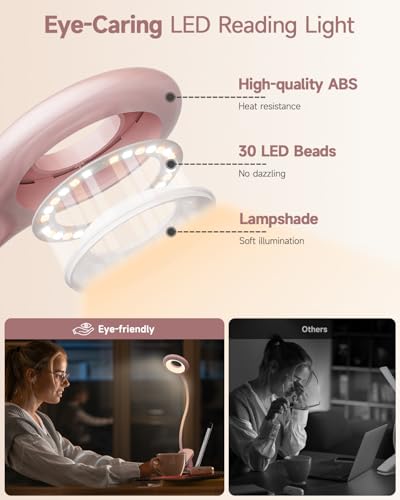 CUHIOY Rechargeable Clip on Reading Light for Bed Headboard, Pink, 1 Pack | Large Clamp Flexible Neck, Battery Desk Lamp, 5 Color 5 Brightness Touch Control, Flicker-Free LED Bedside Night Light - style: 1Pack Pink
