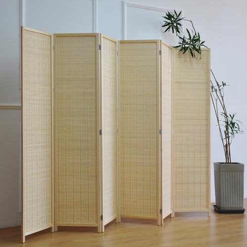 6 Panel Bamboo Room Divider – 5.6 ft Tall Folding Privacy Screen, Natural Beige Freestanding Room Partition Wall (67" H x 92.1" W, 6-Panel) - color: Beige, size: 6 Panel