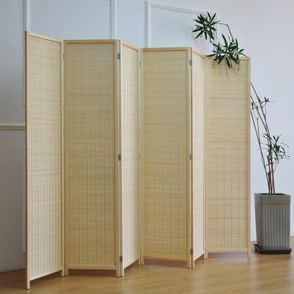 6 Panel Bamboo Room Divider – 5.6 ft Tall Folding Privacy Screen, Natural Beige Freestanding Room Partition Wall (67" H x 92.1" W, 6-Panel) - color: Beige, size: 6 Panel