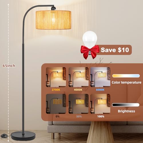 Boho Standing Lamp with Dimmable Bulb Nartual Rattan Adjustable Lampshade | Stepless Dimmable Bulb, Black Modern Farmhouse Rattan Floor Lamp for Living Room, Bedroom, Office, Classroom - style: Rustic-Black