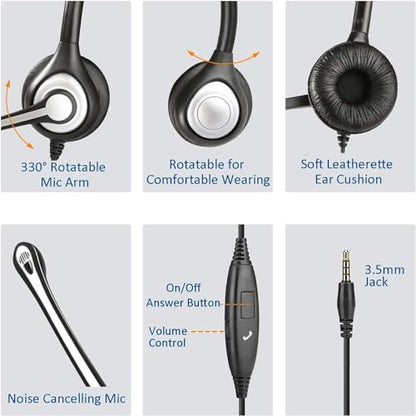 Wantek Cell Phone Headset with Microphone Noise Cancelling for Laptops, PC,3.5mm Jack,Volume Control,Wired Computer Headsets for Zoom Skype,for Office,Business, Call Center, Clear Chat（Dark Black） - color: dark black