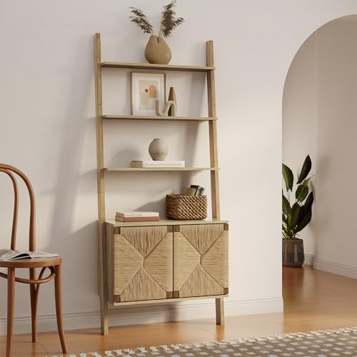 LuxenHome 71" Tall Ladder Bookshelf with Cabinet and 4-Tier Shelves, Oak