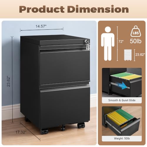 Approgreent 2 Drawer Metal File Cabinet, Fully Assembled Locking Filing Cabinet with Anti-Tipping Wheels, Quiet Slide, Heavy-Duty Steel Construction, Fits A4 Letter Legal for Home Office, Matte Black - color: 04-b Black