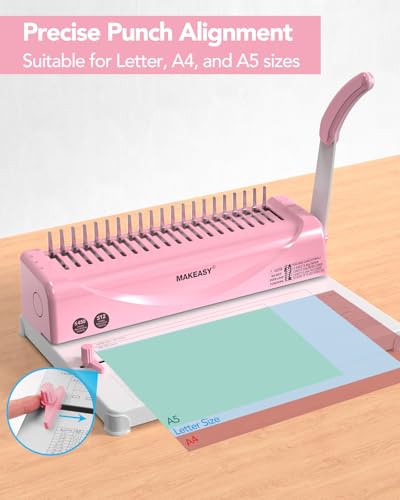 Binding Machine, 21-Hole, Comb Binding Machines with 100PCS Comb Bindings Spines, Comb Binder for Letter Size, A4, A5 Paper - color: Pink