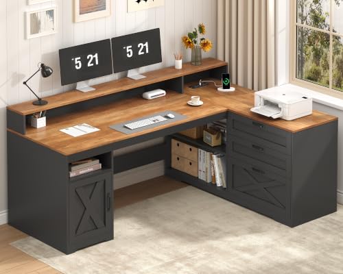 61" Farmhouse L Shaped Desk with Drawers and Power Outlet for Home Office | Home Office Desk with Storage Cabinet, L Shaped Computer Desk with Storage Shelves and Monitor Stand, Brown and Black - color: Brown and Black