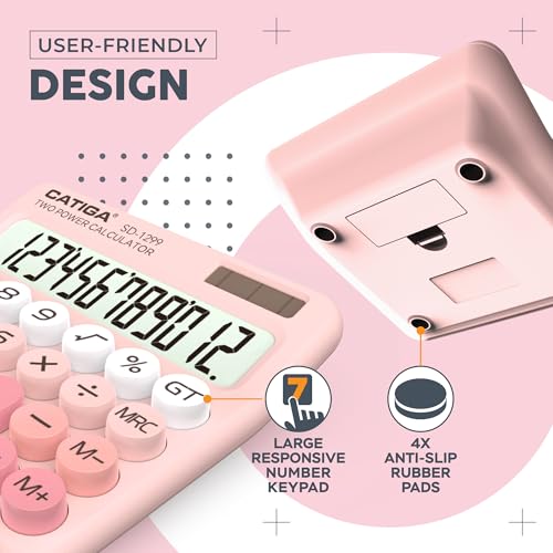CATIGA Mechanical Switch Calculator with Solar and Battery Dual Power, 12-Digit Large LCD Display, Aesthetic and Cute Desktop Calculator with Big Button, for Home, School and Office Use, SD-1299 - color: Z) Blush Pink