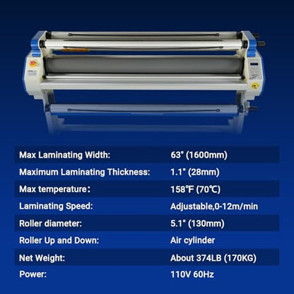 65" Full-Auto Cold & Heat Assisted Laminator Machine with 4 Trimmers, Max Speed 40ft/min, 63" Max Width, 1.1" Max Thickness, Infrared Heating, (Requires Air Compressor, Not Included),1700-B1
