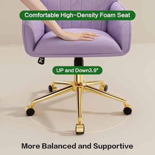 Home Office Desk Chair Comfy with Adjustable Swivel Wheels, Modern Velvet Makeup Vanity Chair with Back & Pillow, Ergonomic Office Chair Computer Task Chair for Living Room, Bedroom, Purple - color: Purple