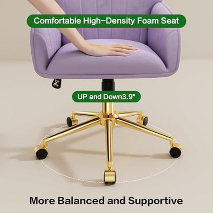 Home Office Desk Chair Comfy with Adjustable Swivel Wheels, Modern Velvet Makeup Vanity Chair with Back & Pillow, Ergonomic Office Chair Computer Task Chair for Living Room, Bedroom, Purple - color: Purple