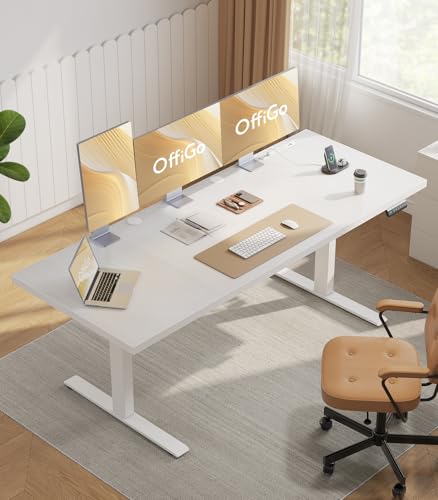 OffiGo 79 Inch Executive Electric Standing Desk Height Adjustable, White | 1.38" Thick 3-Panel Desktop, Power Outlets, 3 Memory Presets, Dual-Beam Frame for Home Office, Workstation, Conference Room - color: White, size: 79 Inch
