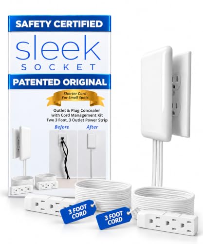 Sleek Socket Original & Patented Ultra-Thin Outlet Concealer with Cord Concealer Kit, Flat Extension Cord with Multi Outlets Power Strip, Ideal for Home Improvement, Hide Bulky and Messy Cords - size: 3 ft - Dual Cords, style: Standard Outlet
