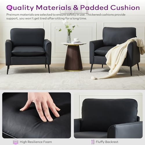 TYBOATLE Black Faux Leather Accent Chair Set of 2 | Comfy, Cozy, Reading, Mid Century Modern, Curved Armrest, Reception, Living Room, Office - color: Black