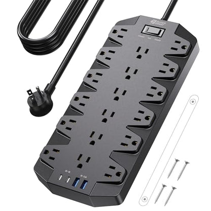 SUPERDANNY 18 AC Power Strip Surge Protector, 10FT, Flat Plug, 1875W/15A - color: Black, size: 10 FT