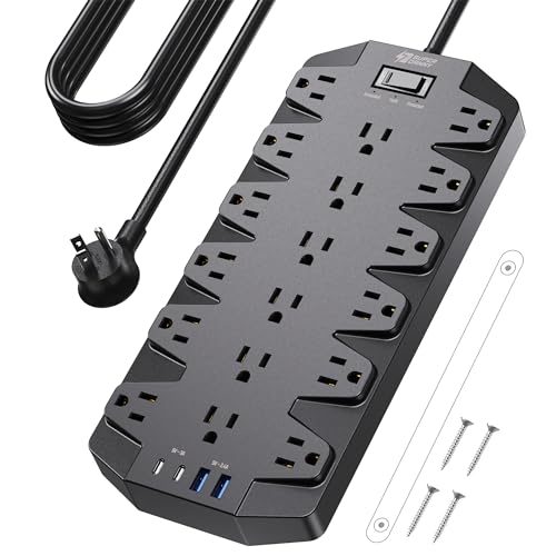SUPERDANNY 18 AC Power Strip Surge Protector, 10FT, Flat Plug, 1875W/15A - color: Black, size: 10 FT