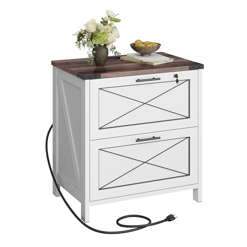DEVAISE Wood Lateral File Cabinet, 2 Drawer Filing Cabinet, White | Lock & Charging Station, Farmhouse Wooden Printer Stand with Large Storage, Fits A4/Letter/Legal Hanging Files, Home Office - color: White