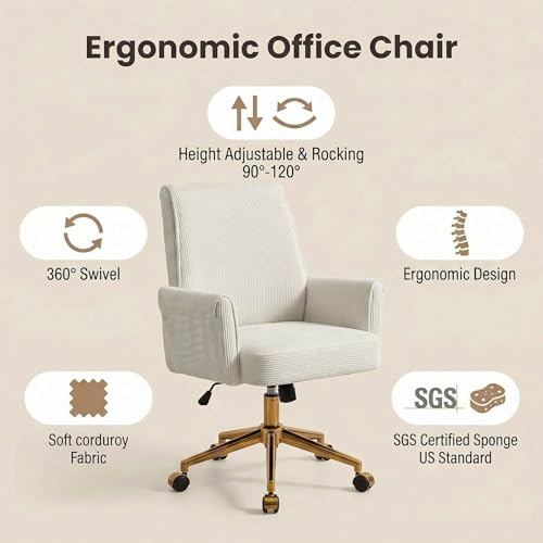 YITAI Stripes Velvet 360°Swivel Desk Chair, Modern Height Adjustable Home Office Armchair with Gold Base and Wheels for Vanity, Comfy Computer Chair for Study Living Room Bedroom（Beige） - color: Beige