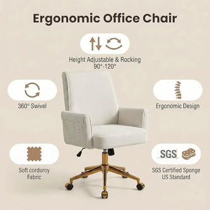 YITAI Stripes Velvet 360°Swivel Desk Chair, Modern Height Adjustable Home Office Armchair with Gold Base and Wheels for Vanity, Comfy Computer Chair for Study Living Room Bedroom（Beige） - color: Beige