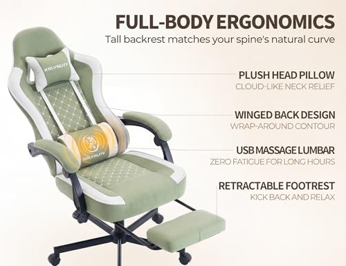 Office Desk Computer Gaming Chair for Adults, Ergonomic High Back Gamer Chair with Massage and Pocket Spring Cushion, Swivel Comfy Video Game Chairs with Footrest and Lumbar Support (Green White) - color: Base Green Fabric