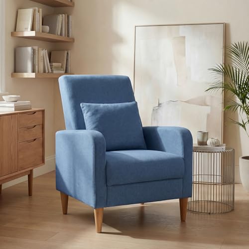 COLAMY Mid-Century Modern Accent Chair, Fabric Upholstered Living Room Chair with Back Pillow & Solid Wood Legs, Comfy Armchair for Living Room, Bedroom, Single Sofa, Blue - color: Blue, size: Set of 1