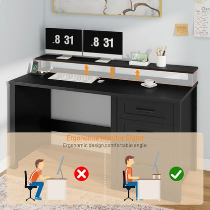 Vabches 47" Farmhouse Executive Desk with 3 Drawers,LED Lights,Pure Black - color: Pure Black, size: 3 Drawers & Monitor Stand