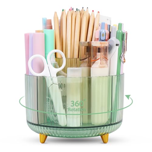SKYDUE Rotating Pencil Pen Holder, Pen Organizer with 5 Slots - Aesthetic Desk Organizer and Accessories for School, Home, Office Supplies, Clear Green - color: Clear Green