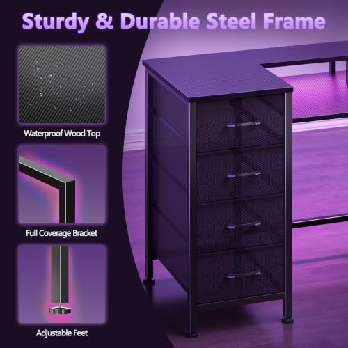 Korfile 55 Inch Gaming Computer Desk with Power Outlets,LED,5 Drawers,Black - color: Black, size: 55 Inch