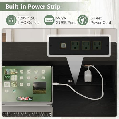Office Desk MDF, Power Outlets, Monitor Stand, White/Black | MDF desk, built-in power outlets, raised monitor stand, keyboard pull-out, file cabinet drawers, home office