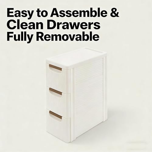 Small Bathroom Storage Cabinet, 3-Drawer Slim Rolling Storage Cart with 4 Casters, Narrow Plastic Storage Drawers for Bathroom Bedroom Kitchen Classroom, Space-Saving Mobile Cabinet