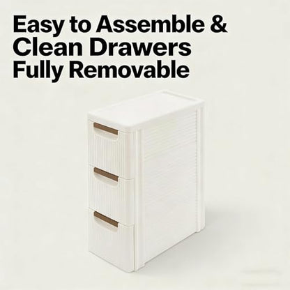 Small Bathroom Storage Cabinet, 3-Drawer Slim Rolling Storage Cart with 4 Casters, Narrow Plastic Storage Drawers for Bathroom Bedroom Kitchen Classroom, Space-Saving Mobile Cabinet