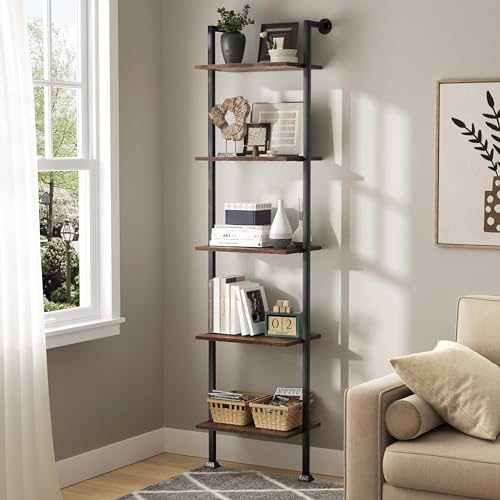 5-Tier Ladder Shelf, Tall Narrow Bookcase for Small Spaces, Book Storage Organizer Case for Living Room, Home Office, Study, Industrial Style Black Metal Frame and Rustic Brown Shelf - color: Black+rustic Brown