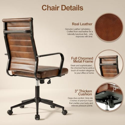 Okeysen Genuine Leather Office Desk Chair, Mid-Century Modern Real Leather Conference Room Chairs, Ergonomic Executive Ribbed Height Adjustable Swivel Rolling Chair for Home Office. - color: Genuine Brown