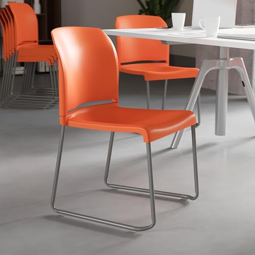 EMMA + OLIVER Home and Office Guest Chair Orange Full Back Contoured | Sled Base, Powder Coated, Contoured, 880 LBS. Weight Capacity - color: Orange
