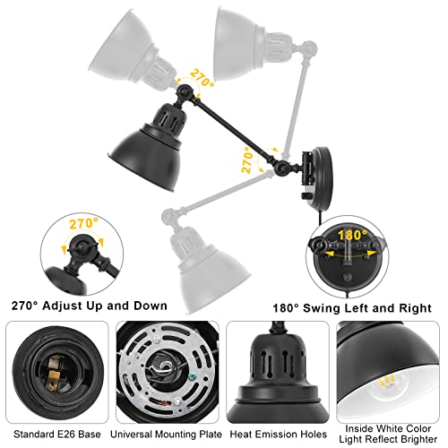 Plug in Wall Sconces Set of Two with Remote, Stepless Dimming & Stepless Colors 2700K-6500K, Swing Arm Wall Lamp, Plug in Wall Light with Night Light & Timer, Hardwired or Plug-in, LED Bulbs Included - size: Black-2 PACK(Bulbs+Remote)