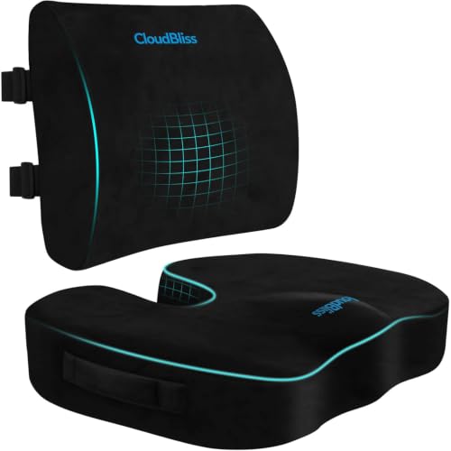 CloudBliss Ergonomic Seat Cushion & Lumbar Support Pillow Set, Black,Large | Back Pain & Sciatica Relief, Memory Foam Support, Adjustable Straps, Machine Washable Velvet, Perfect for Office, Car, Gaming - color: Black, size: Large