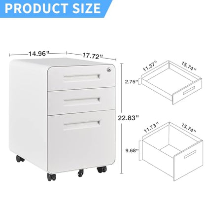 Letaya File Cabinet, 3 Drawer Filing Cabinets for Home Office with Lock Mobile Under Desk Fully Assembled Cabinet (White) - color: White, size: 18"D x 14.96"W x 23"H