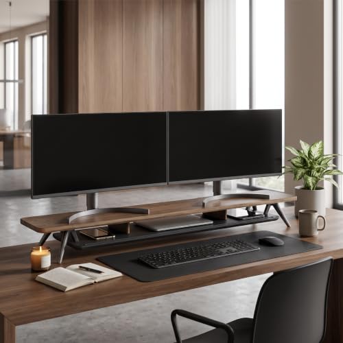 Fenge Dual Monitor Stand Riser, Wooden Desk Shelf with 2-Tier Storage - color: Walnut, size: 47.2 Inch