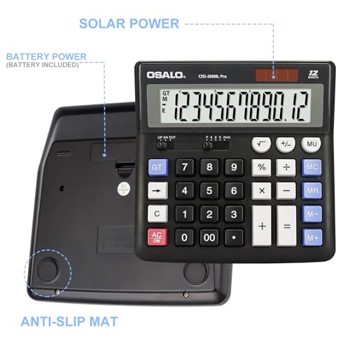 OSALO Extra Large Desktop Calculator Big Buttons 12 Digit, Solar, Black - size: OS-200ML Pro Black