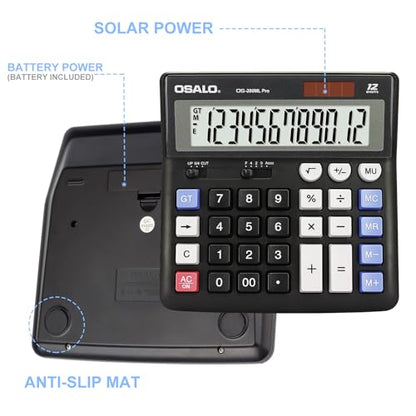 OSALO Extra Large Desktop Calculator Big Buttons 12 Digit, Solar, Black - size: OS-200ML Pro Black