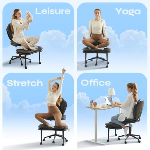 ADHD Cross Legged Office Chair, Swivel Kneeling Meditation Seat | 360° swivel cross-legged chair with reversible seat for ADHD & meditation; adjustable height/depth, plush teddy - color: Black