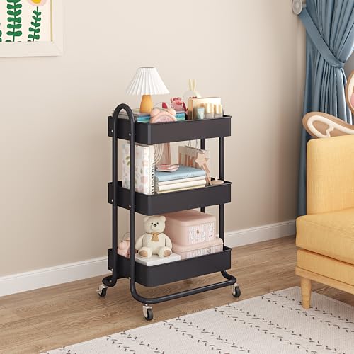 MIOCASA 3-Tier Metal Utility Rolling Cart, Heavy Duty Multifunction Cart with Lockable Casters, Easy to Assemble, Suitable for Office, Bathroom, Kitchen, Garden (Dark Gray, 3-Tier-Metal) - style: Dark Gray