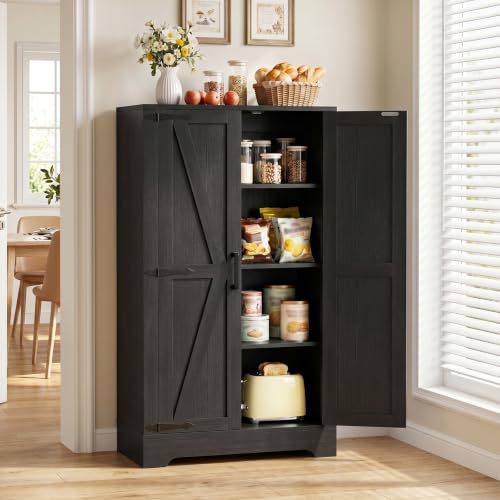Unikito Kitchen Pantry Storage Cabinet with Adjustable Shelves, Black | Small Farmhouse Storage Cupboard, Barn Doors, Freestanding Bathroom Floor Cabinet for Kitchen/Living Room/Bathroom/Office - color: Black, size: 22"W (1 Pack)