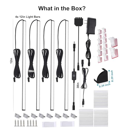 Martronic 4-Pack 12 Inch LED Display Case Lighting Kit, Black Dimmable Bookshelf Light Bars with 12V Power Adapter, 6000K Bright White, Plug-in Slim Lights for Shelves, Curio Cabinets, and Bookcases