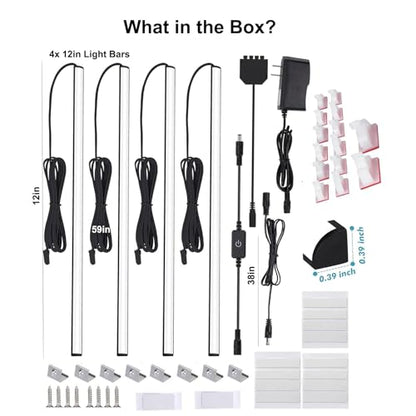 Martronic 4-Pack 12 Inch LED Display Case Lighting Kit, Black Dimmable Bookshelf Light Bars with 12V Power Adapter, 6000K Bright White, Plug-in Slim Lights for Shelves, Curio Cabinets, and Bookcases