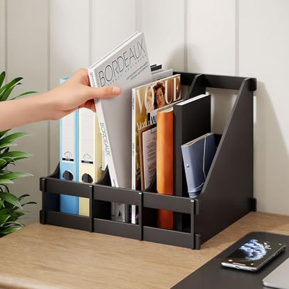 Bamboo Desk File Organizer, 3-Compartment Magazine Holder(Black) | 3 vertical compartments organize files, folders, magazines and mail while saving valuable desk space. - color: Black
