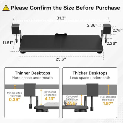 BONTEC Under Desk Keyboard Tray, Pull-Out Keyboard & Mouse Platform | C-Clamp Mount, Space-Saving Ergonomic Slide-Out Drawer, 31.3 in Including Clamps, 25.6 x 11.8 in Tray, Black - color: Black, size: 25.6" x 11.8"