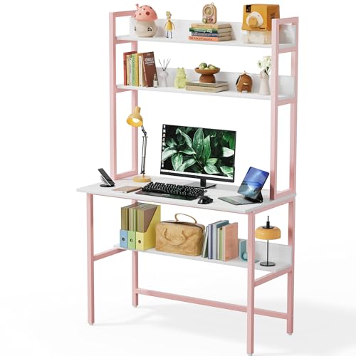 Aquzee 40 Inch Pink Desk with Shelves, Computer Desk with Hutch - color: Pink, size: 40inch